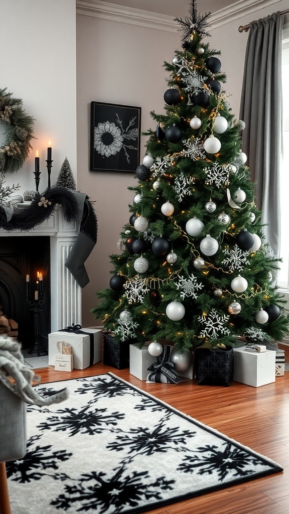 A black and white Christmas tree with monochrome ornaments and white lights in a stylish living room.